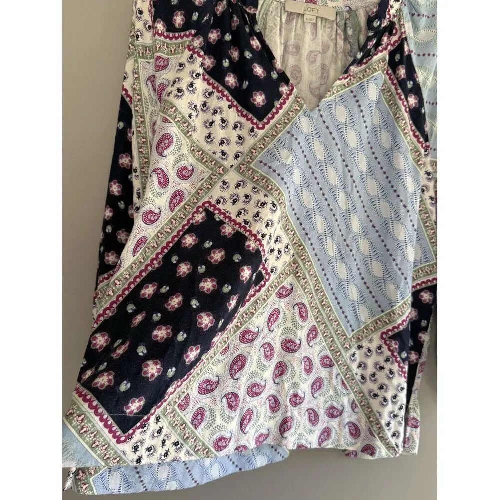 Loft Linen Blend Patchwork Blouse Top Balloon Sleeve Peasant Floral‎ Paisley Med